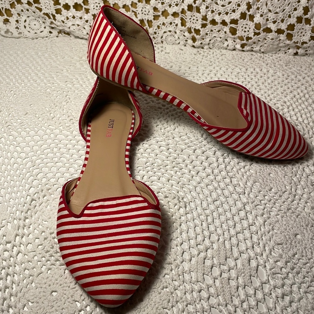 JustFab Red White Nautical Stripe D’Orsay Flats Pointed Toe Size 8.5